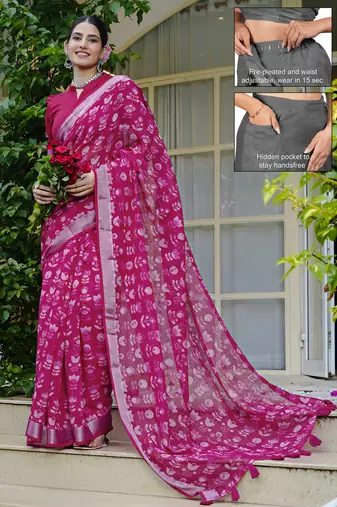 cotton blend floral block print ready to wear saree with pocket dark pink