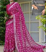 cotton blend floral block print ready to wear saree with pocket dark pink