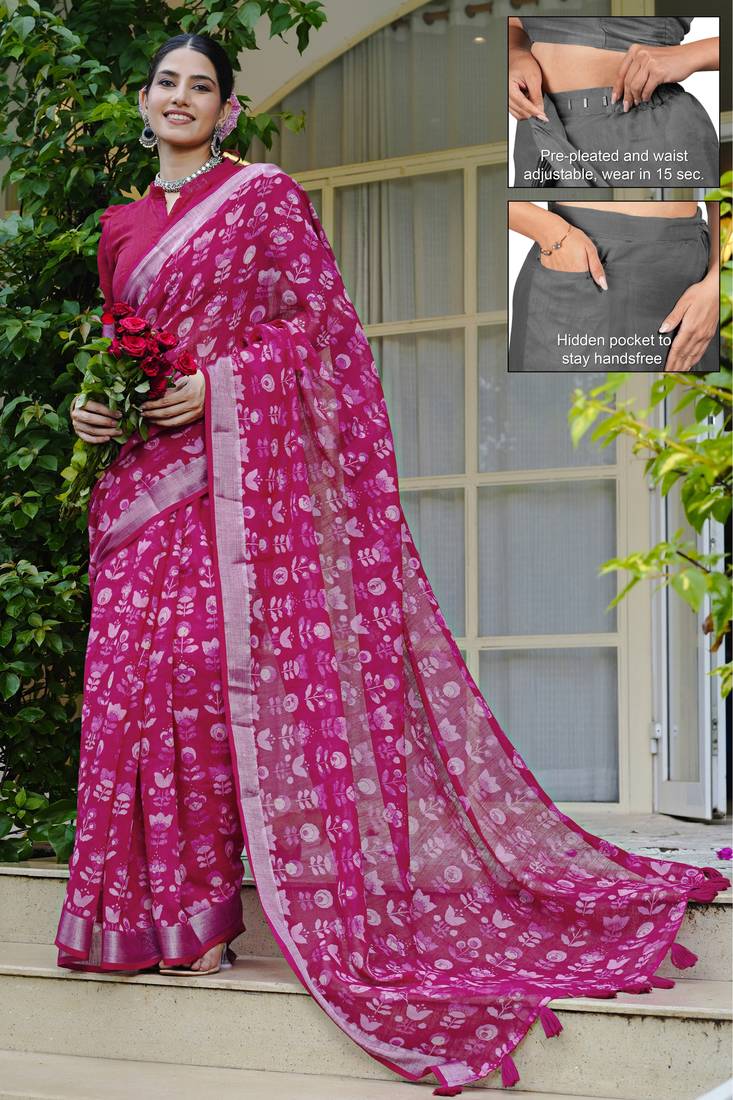 cotton blend floral block print ready to wear saree with pocket dark pink
