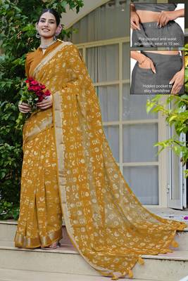 cotton blend floral block print ready to wear saree with pocket dark mustard 1