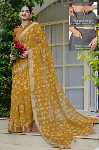 cotton blend floral block print ready to wear saree with pocket dark mustard