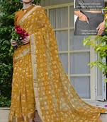 cotton blend floral block print ready to wear saree with pocket dark mustard