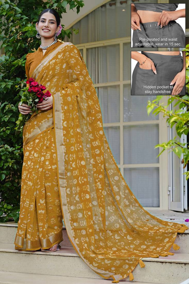 cotton blend floral block print ready to wear saree with pocket dark mustard