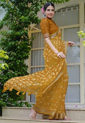 cotton blend floral block print ready to wear saree with pocket dark mustard 2