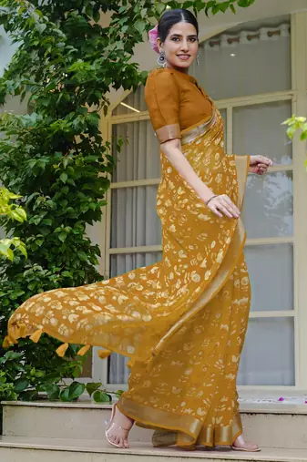 cotton blend floral block print ready to wear saree with pocket dark mustard