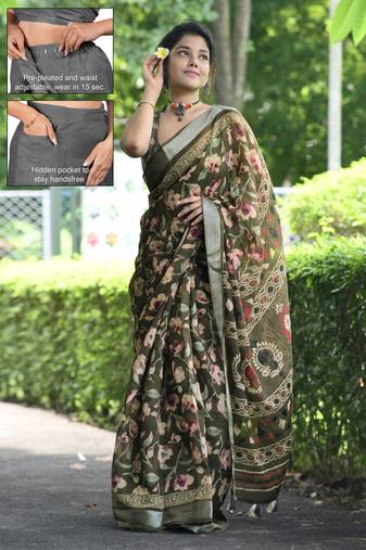 cotton blend floral print ready to wear saree with pocket mehandi green