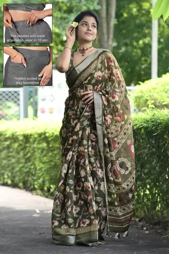 cotton blend floral print ready to wear saree with pocket mehandi green