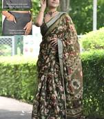 cotton blend floral print ready to wear saree with pocket mehandi green