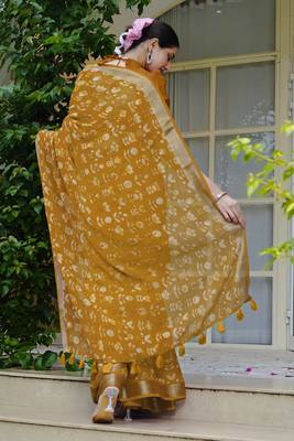 cotton blend floral block print ready to wear saree with pocket dark mustard 3