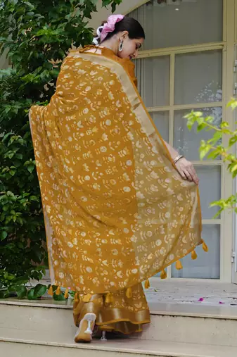 cotton blend floral block print ready to wear saree with pocket dark mustard