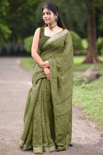 cotton blend floral block print ready to wear saree with pocket olive green