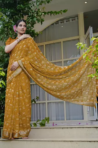 cotton blend floral block print ready to wear saree with pocket dark mustard