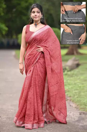 cotton blend floral block print ready to wear saree with pocket dusty red