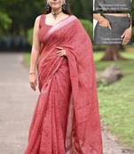 cotton blend floral block print ready to wear saree with pocket dusty red