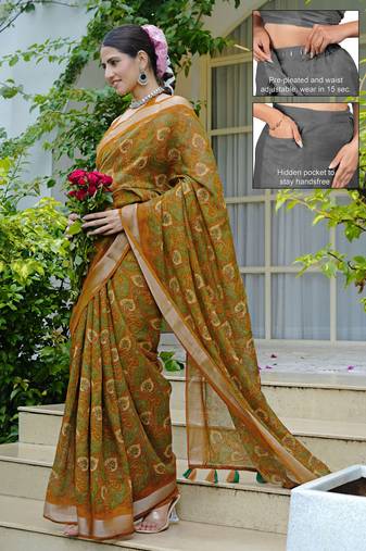 cotton blend paisley kalamkari print ready to wear saree with pocket dark mustard