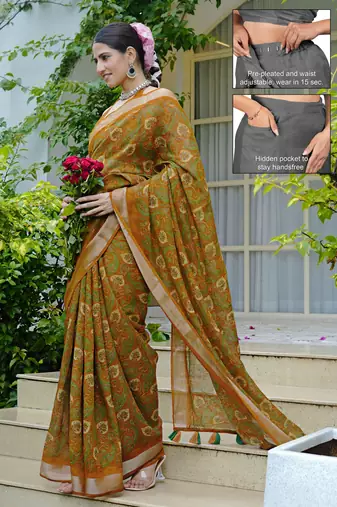 cotton blend paisley kalamkari print ready to wear saree with pocket dark mustard