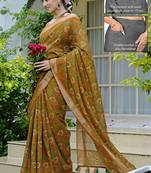 cotton blend paisley kalamkari print ready to wear saree with pocket dark mustard