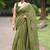 cotton blend floral block print ready to wear saree with pocket olive green