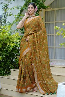cotton blend paisley kalamkari print ready to wear saree with pocket dark mustard 2