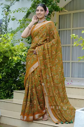 cotton blend paisley kalamkari print ready to wear saree with pocket dark mustard