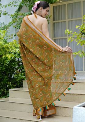 cotton blend paisley kalamkari print ready to wear saree with pocket dark mustard 3