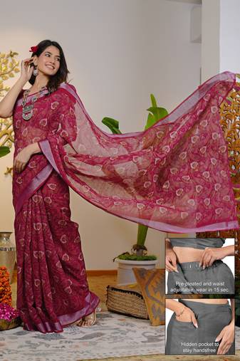 cotton blend paisley kalamkari print ready to wear saree with pocket dark pink