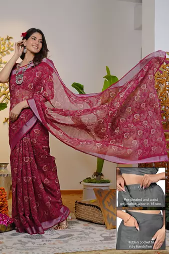 cotton blend paisley kalamkari print ready to wear saree with pocket dark pink