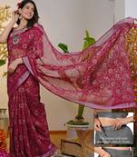 cotton blend paisley kalamkari print ready to wear saree with pocket dark pink