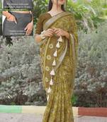 cotton blend ikkat patola print ready to wear saree with pocket dark mustard