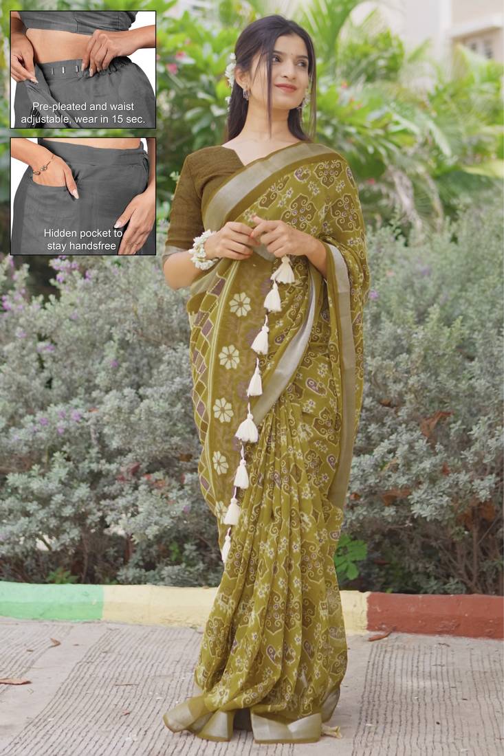cotton blend ikkat patola print ready to wear saree with pocket dark mustard