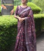 cotton blend floral print ready to wear saree with pocket dusty purple