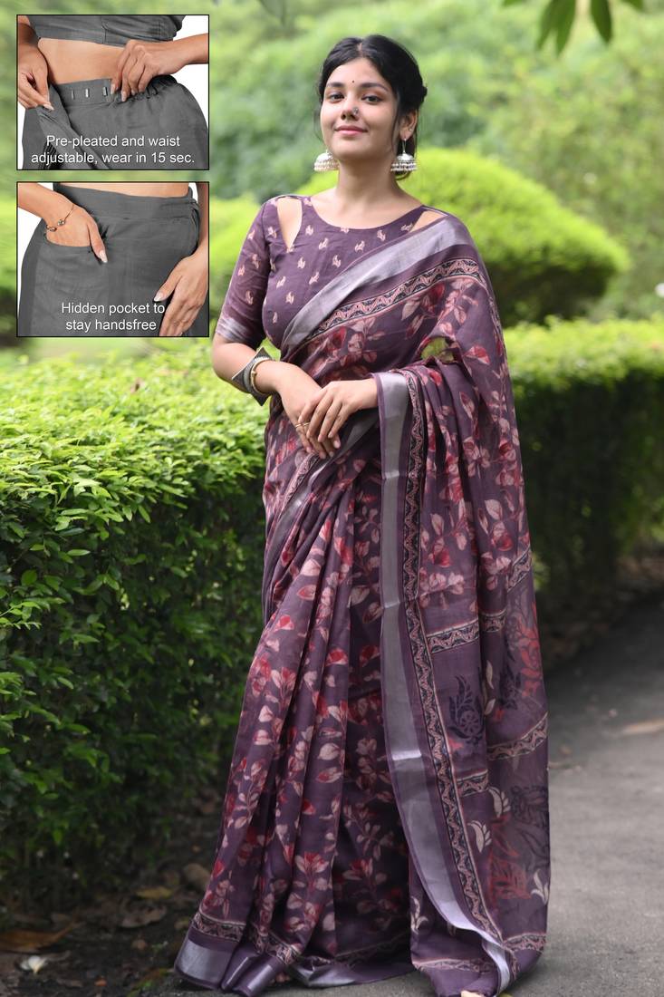 cotton blend floral print ready to wear saree with pocket dusty purple