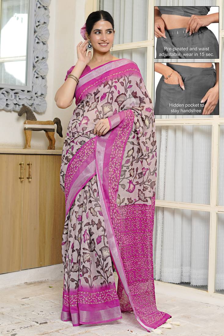 cotton blend floral kalamkari print ready to wear saree with pocket light pink