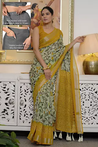 cotton blend floral kalamkari print ready to wear saree with pocket light green