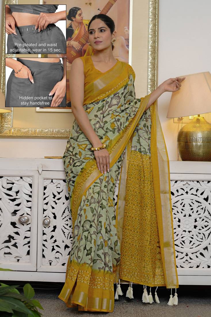 cotton blend floral kalamkari print ready to wear saree with pocket light green