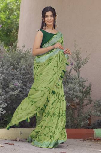 cotton blend shibori print ready to wear saree with pocket olive green