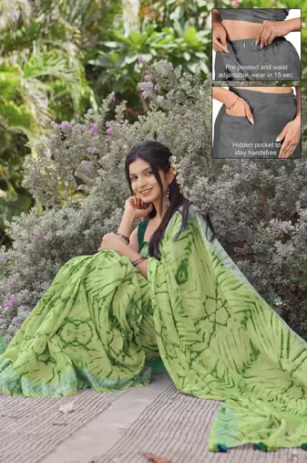 cotton blend shibori print ready to wear saree with pocket olive green