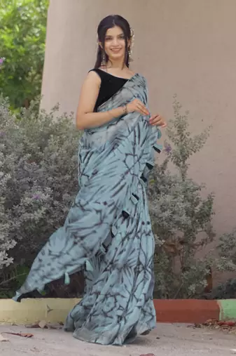 cotton blend shibori print ready to wear saree with pocket light blue
