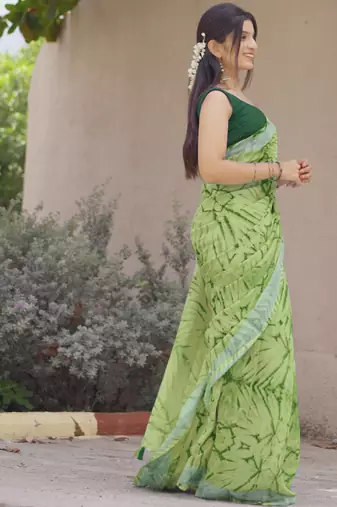 cotton blend shibori print ready to wear saree with pocket olive green