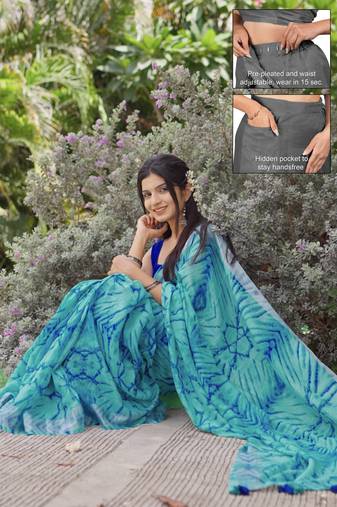 cotton blend shibori print ready to wear saree with pocket turquoise