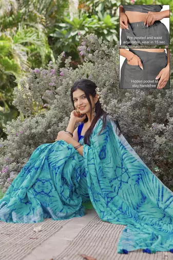 cotton blend shibori print ready to wear saree with pocket turquoise