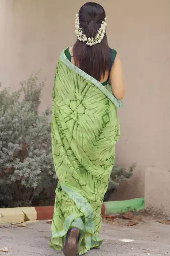 cotton blend shibori print ready to wear saree with pocket olive green