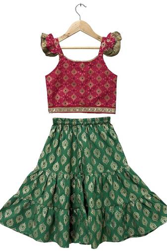 woven  half sleeves embellished top with printed sharara-pink & green