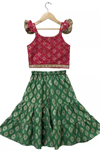 woven  half sleeves embellished top with printed sharara-pink & green