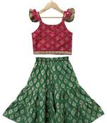woven  half sleeves embellished top with printed sharara-pink & green