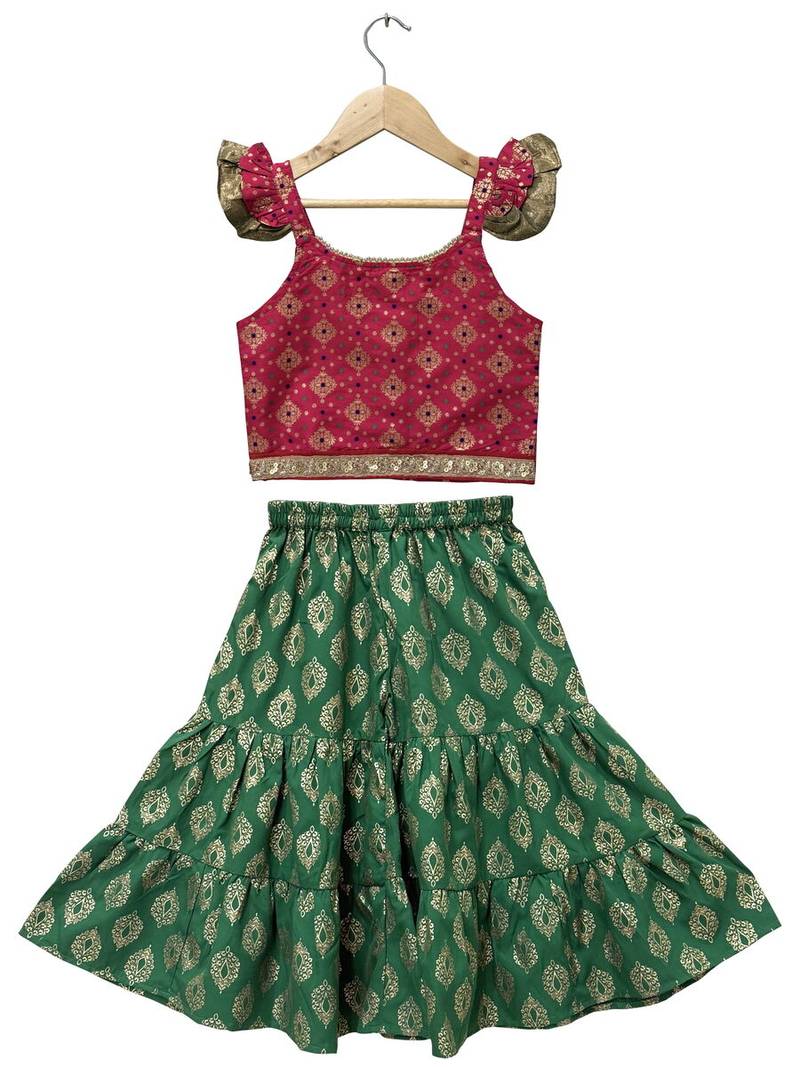 woven  half sleeves embellished top with printed sharara-pink & green