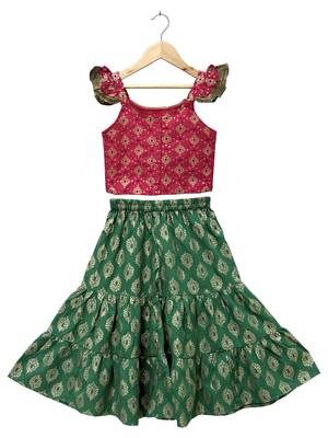 woven  half sleeves embellished top with printed sharara-pink & green 2