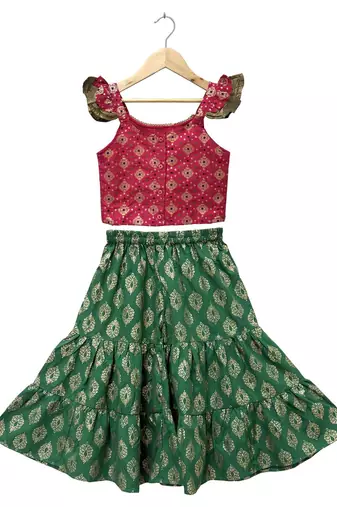 woven  half sleeves embellished top with printed sharara-pink & green