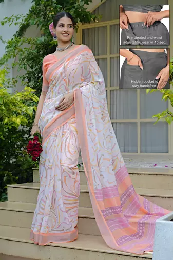 cotton blend geometric print ready to wear saree with pocket white
