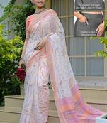 cotton blend geometric print ready to wear saree with pocket white